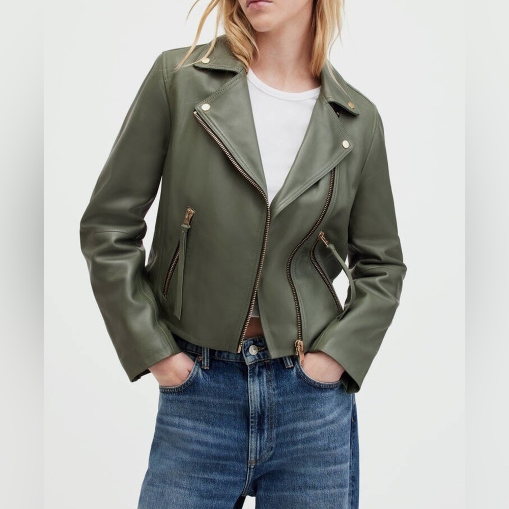 All Saints Dalby Leather Jacket with Gold Accents